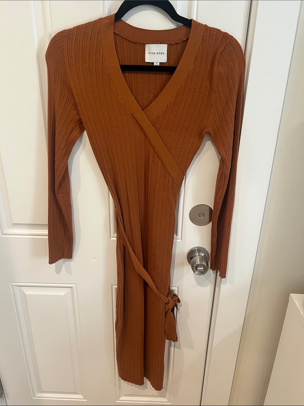 Rust Ribbed Wrap Midi Dress